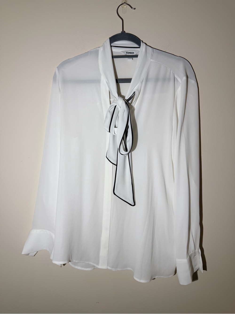 Express White Tie-Neck Blouse with Black Piping